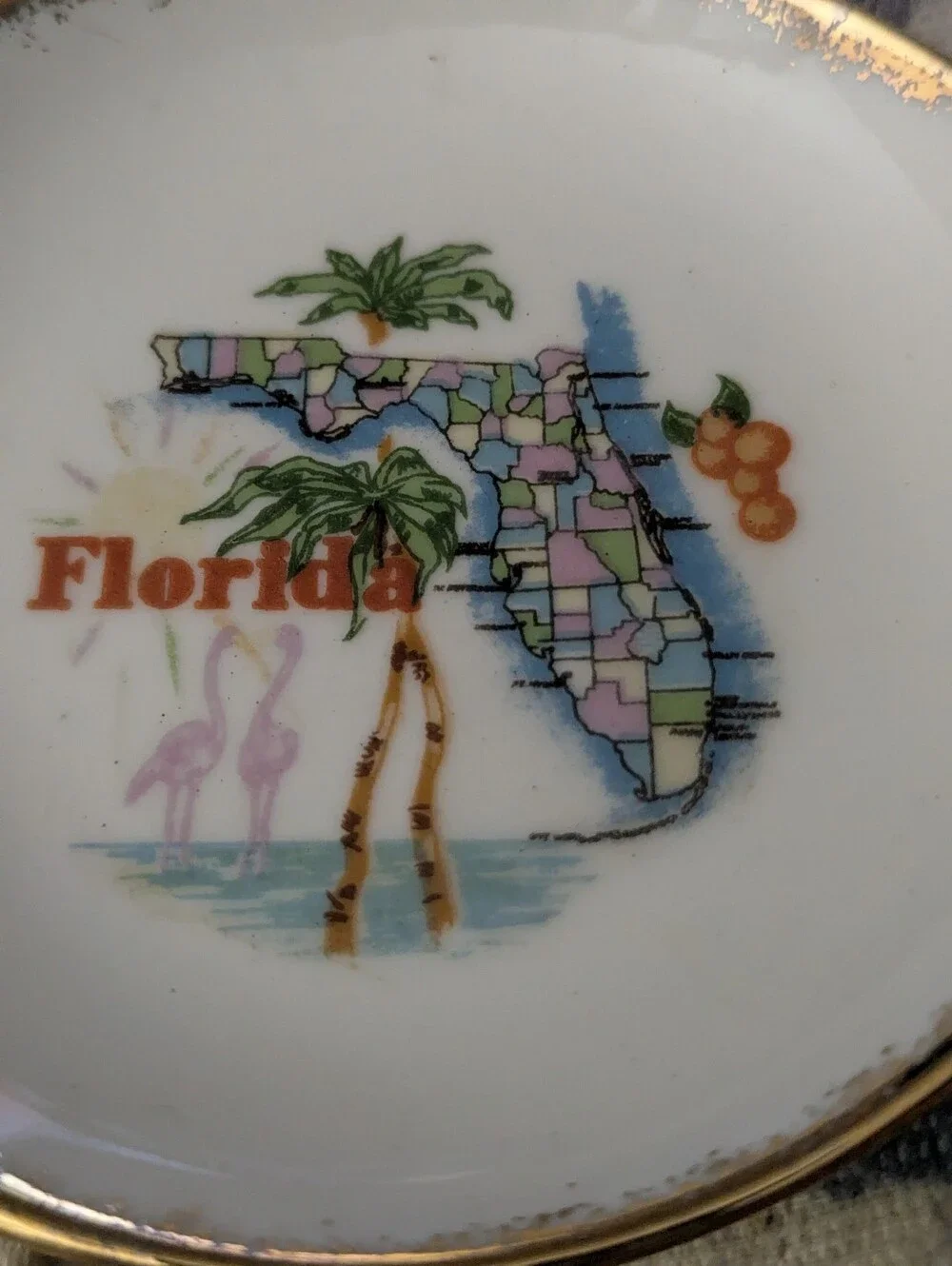 Vintage Florida Souvenir Trinket Dish or Ashtray with Gold Trim